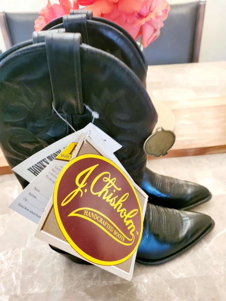 Винтажные ковбойские сапоги ручной работы J. CHISHOLM США черная кожа 7,5 - Изображение 2 из 4