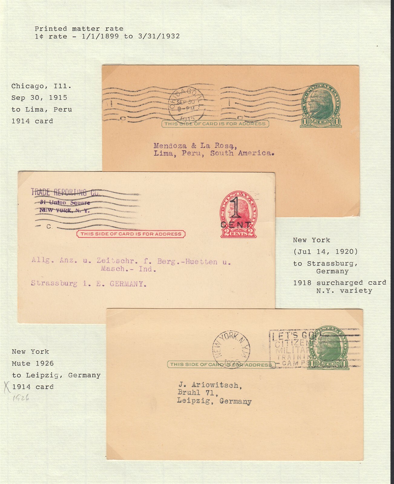 (14) Printed Matter Rate Postal Cards 1902 to 1954 on Exhibit Pages eBay
