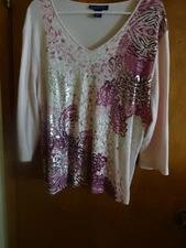 WOMENS XL KAREN SCOTT SLIP-OVER-THE HEAD PINK&SILVER 3/4SLEEVE/V NECK TOP