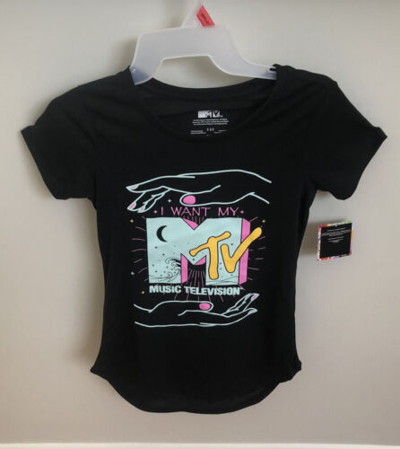 New! MTV Black T-Shirt Tee "I want my MTV Music Television" Girls Teens Sz S 3-5