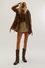 Free People Brenda Knight Country Heritage Fringe Jacket Tartan Check Brown Uk L