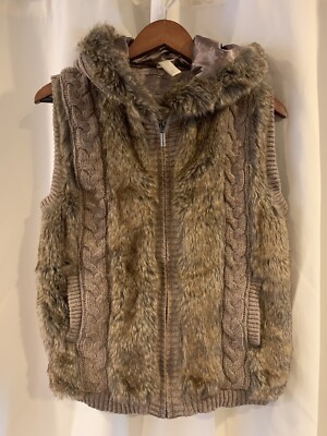 Sweater Faux Fur Vest, Hooded. Brown Cable Knit. Pockets, Zipper. Small