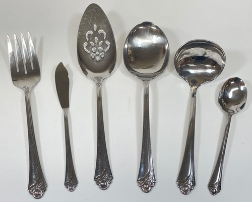 6PC ONEIDA STAINLESS FANTASY ROSE FORK CASSEROLE PIE SERVER BUTTER SUGAR LADLE - Picture 2 of 4