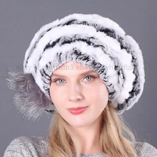 Winter Warm Fur Hat Berets Lady Real Rex Rabbit Beanies Cap Handmade Fluffy Soft