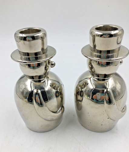 Set of 2 Silver Tone Heavy Metal SNOWMAN Taper CANDLE HOLDERS ~ 5 Inches tall - Afbeelding 4 van 5