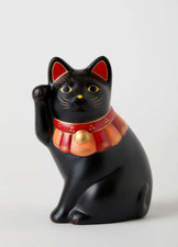 Japanese Hand Painted Lucky Cat SETO Maneki Neko 12cm Black Sit-Sideways Ceramic