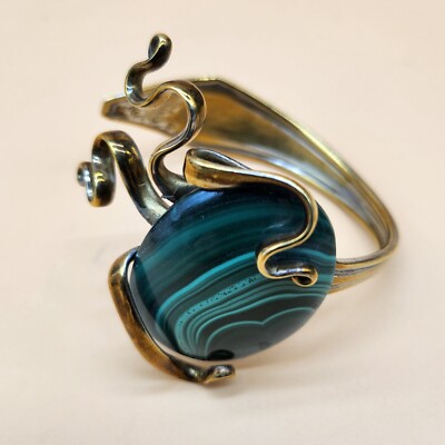 Vintage Sheffield A.1 Quality Silverplate Malachite Cuff Bracelet Artist Signed