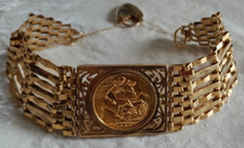 **22ct Gold Full Sovereign 1923 King George V on 9ct Gold 7 Bar Gate Bracelet**