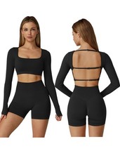 Women's workout sets Long Sleeve Backless Adjustable Top and High-waisted Sho...