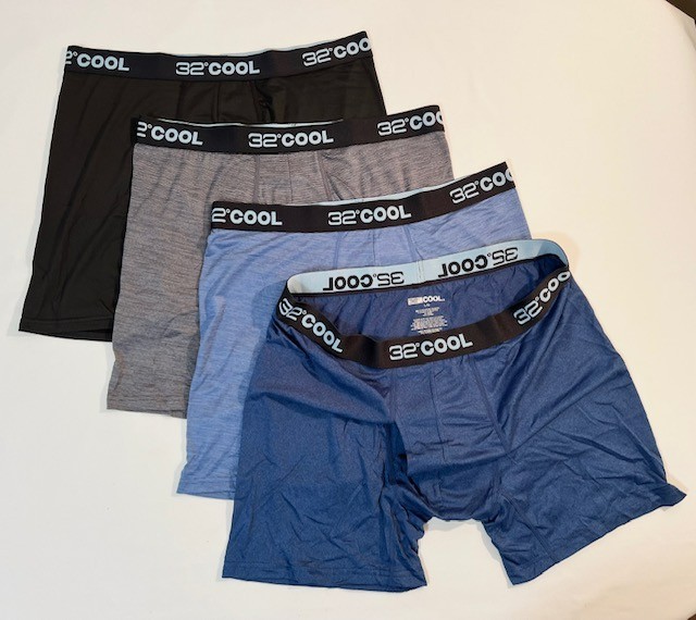 32 Degrees   Size "L"    4-Pack  Cool Classic Boxer Brief- Denim/Blue/Black/Gray