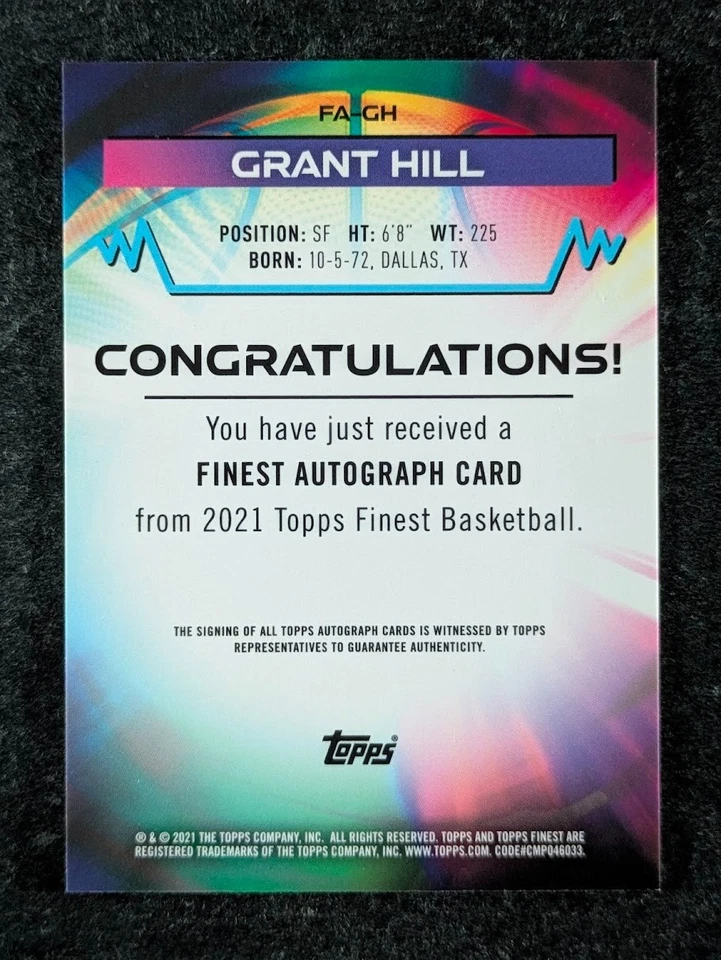 2021 Topps Finest GRANT HILL On Card Auto Hall Of Fame Legends SP FA-GH - Image 2 of 3