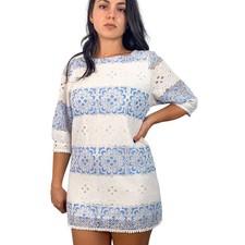 Elf Sack White & Blue Lace Mini Dress SIZE MEDIUM Orig $120 Half Sleeve