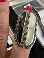 Sterling Silver Ring, Onyx, Mother Of Pearl Marcasite Size 6