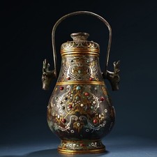 10.6"Old Dynasty Bronze Ware Gilt Silver Gems Deer Head Portable Bottle Pot Vase