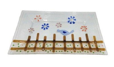 Twice Fired Art Glass Platter Spring Floral Bird 16.5 x 9.5x 1'' Inch Rectangle