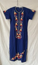 Vintage Embroidered Blue Tunic Dress | Floral Folk Boho Midi | Size S/M