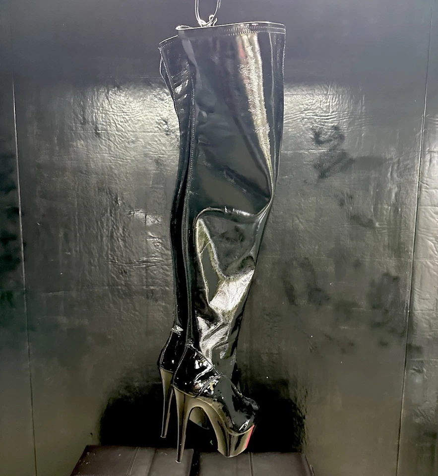 Botas W’s Ellie Negras Strechy Brillantes 6 pulgadas Tacones Altos Plataforma Sobre la Rodilla 10 Foto 2 de 4