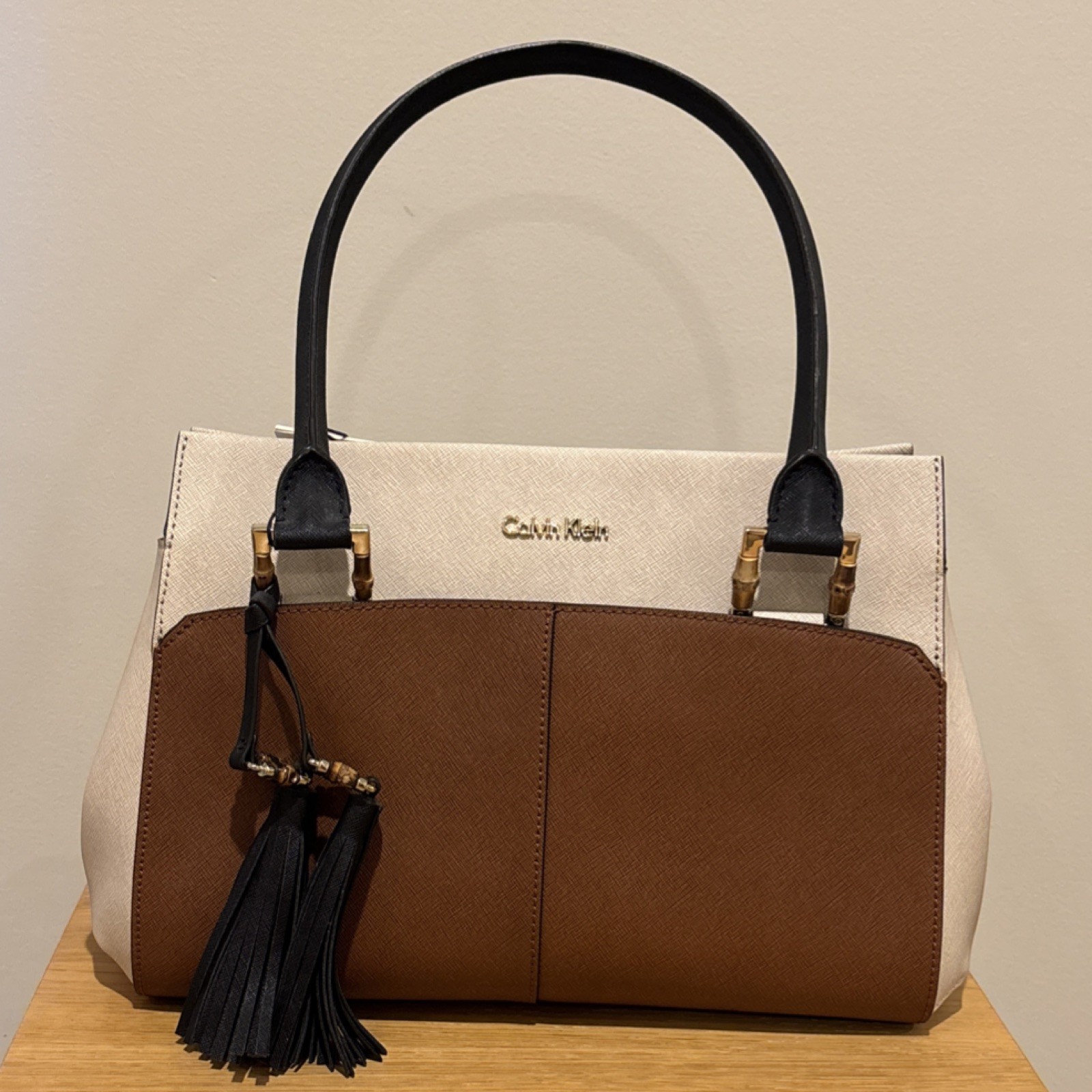 Calvin Klein Brown Beige Satchel Top Handle Bag Women Tassel Bag  (never used)