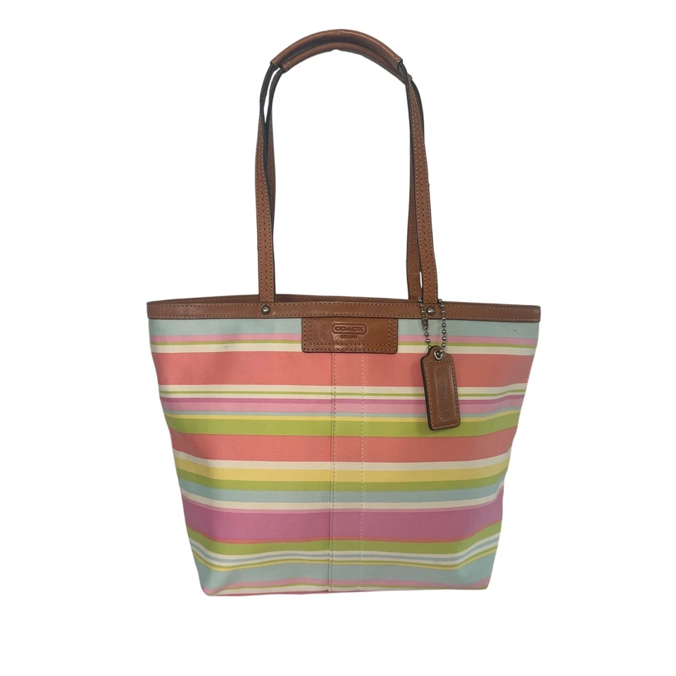 Coach Hampton Reversible Pastel Stripe Logo Print Tote Bag Multicolor Handbag