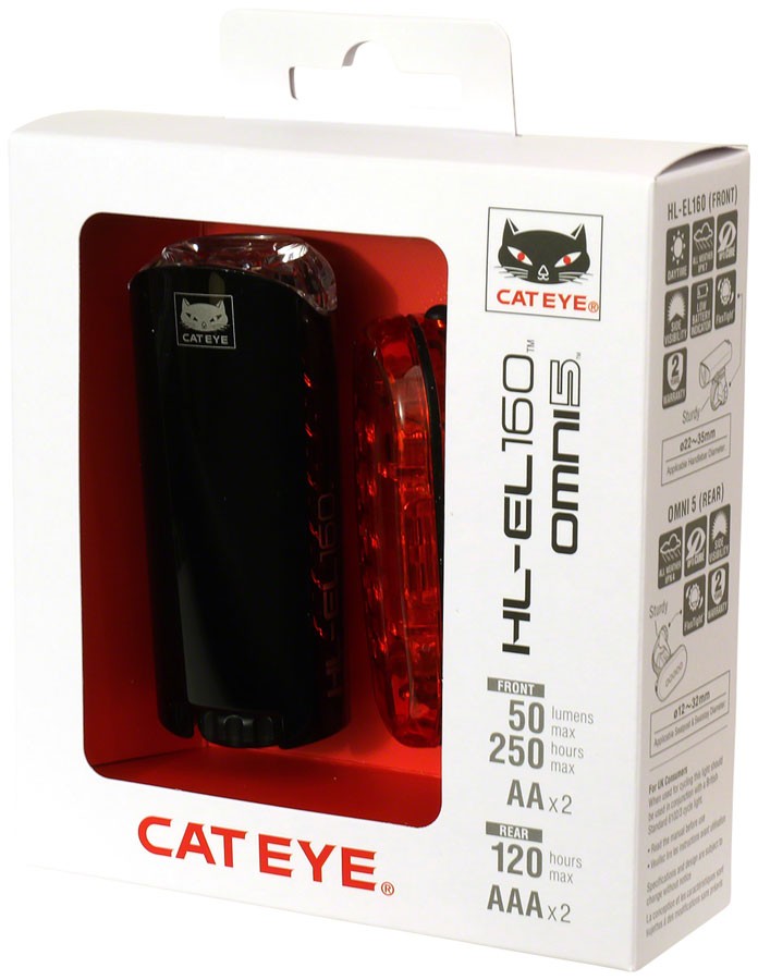 Cateye HL-EL160 & Omni 5 LED Bike Light Set - Waterproof, Lo