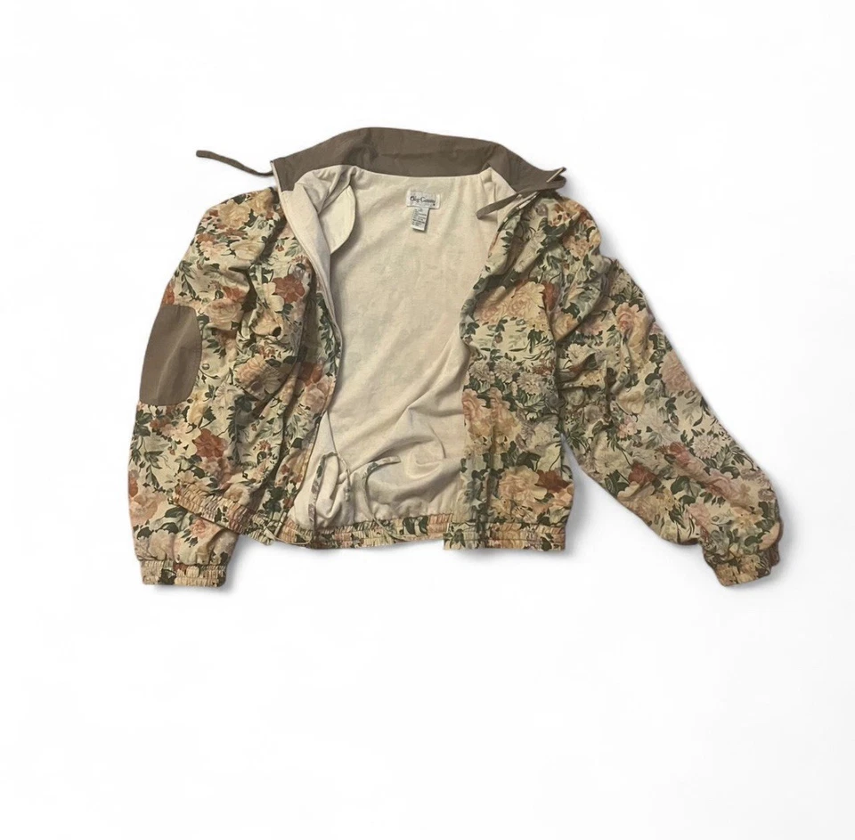 Chaqueta de bombardero floral vintage forrada salvia melocotón rosa crema parches en el codo tan suave Foto 2 de 4