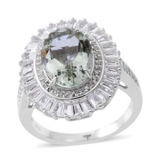 Green Amethyst, White Topaz Sterling Silver Halo Ring Sz 6 8.08 cts. JR204