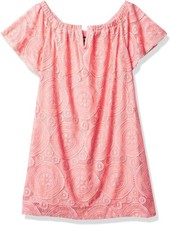 A. Byer Junior's Off The Shoulder Lace Shift Dress-CORAL-M.