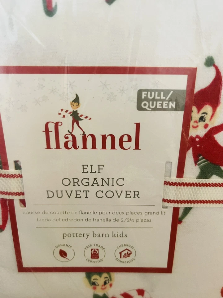Pottery Barn Kids Elf  Flannel Cotton FULL QUEEN DUVET 2 Shams Christmas Bedding - Image 4 of 4