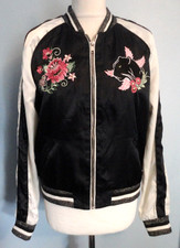 Vintage Satin Bomber Jacket Blue White Embroidered Panther Floral Lined Pockets