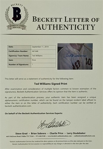 Ted Williams Signed Boston Red Sox 14" x 22" Matted Print Display (Beckett LOA) - Picture 4 of 6