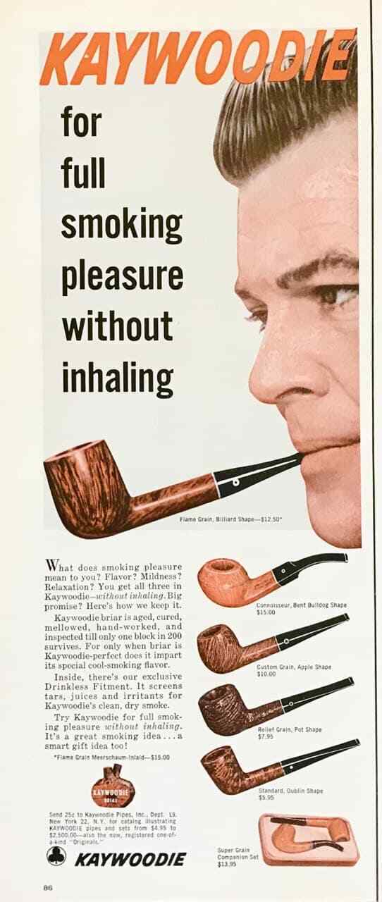 1960 Kaywoodie Pipes PRINT AD For Full Smoking Pleasure Without