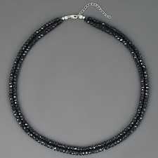 Double Strand Natural Black Spinel Gemstone Round Beads 925 SIlver Necklace 19"