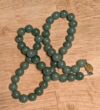 Vintage Chinese Nephrite Green Jade Bead Necklace Silver Clasp