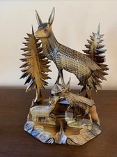 Vintage Poland Wood Carved Deer Fawn Statue Trees Rustic Scenery 12”