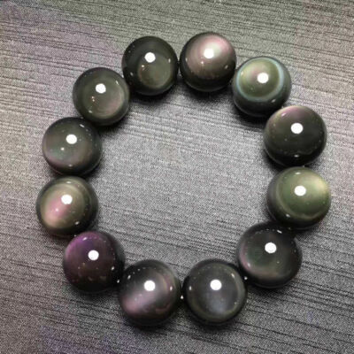 100% Natural 14mm Rainbow Obsidian Round Gemstone Beads Bracelet 7.5''