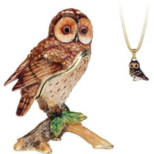 Enameled Tawny Owl "Secrets" Hinged Trinket Box With Hidden Necklace Inside 