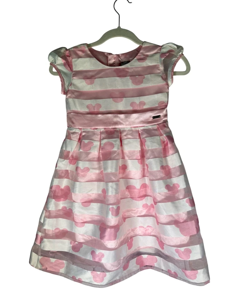 Disney Minnie Mouse Girls Pink & White Dress 7-8 Yrs Satin Striped Party Casual - Image 3 of 4