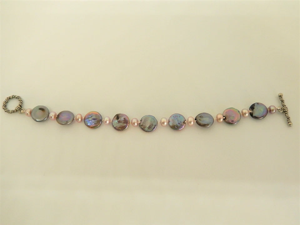 灰色薰衣草硬币珍珠手链/粉红色珍珠口音/手工制作 7-7.5 — 第 4/4 张图片