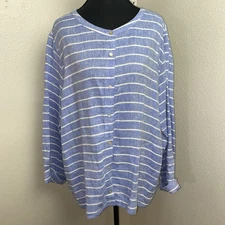 C&C California Women's XL Blouse Blue & White Striped Casual Breathable Linen