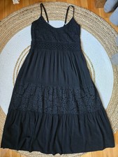 Black Lace-Detail Spaghetti Strap Midi Tiered Dress Beach Vacation Casual