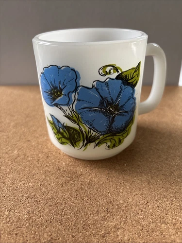 vintage glasbake coffee mug blue morning glory milk glass