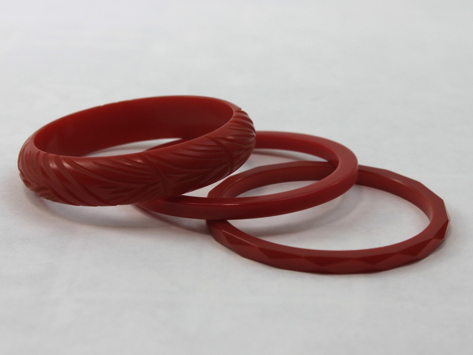 Bakelite Bangle Stack Set Red Flat Sided Carved a… - image 4