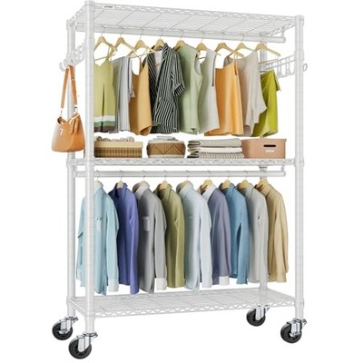  Rolling Garment Rack 3 Tiers Adjustable Wire Shelving Clothes R2 Plus White