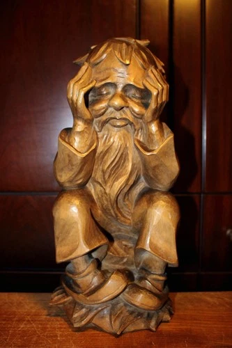 ? 13" HAND CARVED WOOD RÜBEZAHL THINKER GNOME STATUE - FOLK ART DECOR GIFT ?