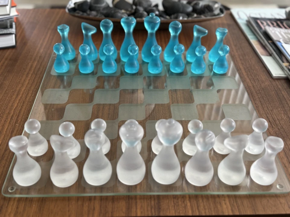 Modern Classics Extra Large Game Board & Pieces Glass Chess Set Blue & White - Image 2 of 4