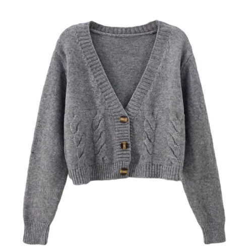 New 2024V Neck Short Cardigan Twist Sweater Coat Fall Single Breasted High Waist