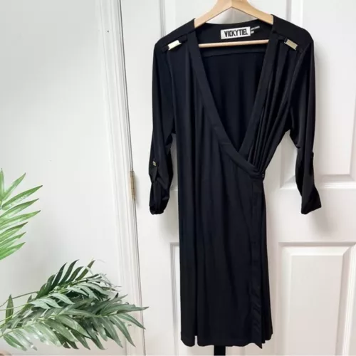 Vicky Tiel Womens V-neck Wrap Dress in Black Size 14