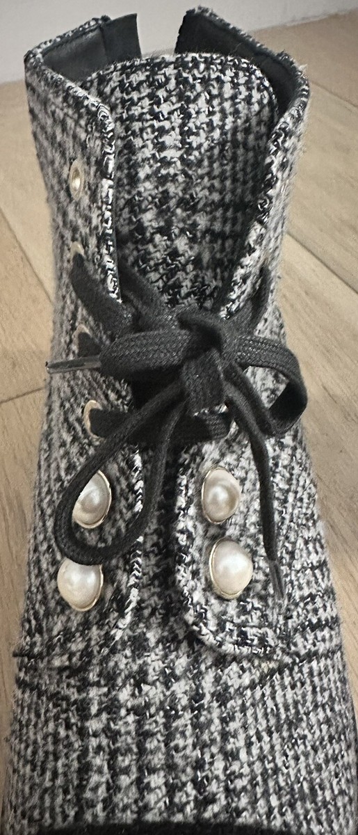 CHANEL 20B Tweed Fabric Cap Toe Pearl Lace Up Ankle Bootie Boots