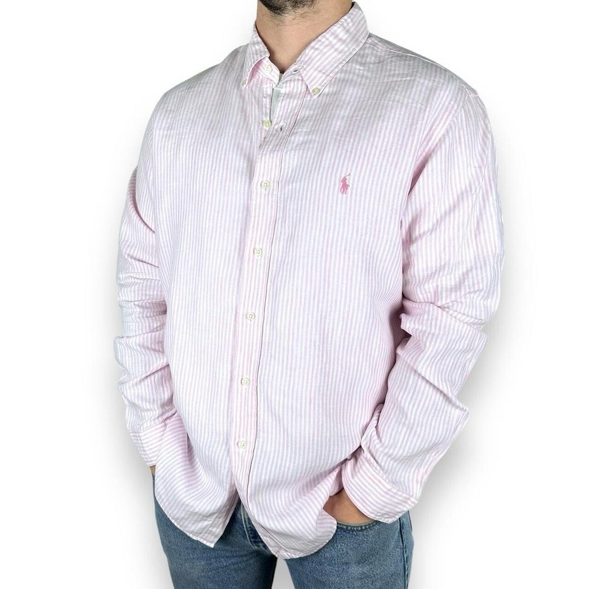 Vintage Ralph Lauren Custom Fit Striped Linen Shirt, Pink