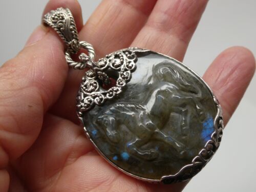 SARDA Indonesia Labradorite Gemstone Carved HORSE Ornate Sterling 925 Pendant - Picture 2 of 6